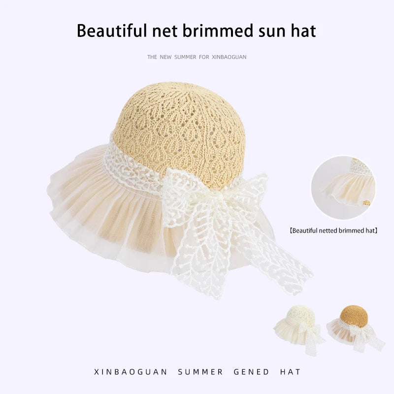 6179-New summer women's sheer breathable sun hat with children's lace ribbons and bow at the brim, fisherman style hat