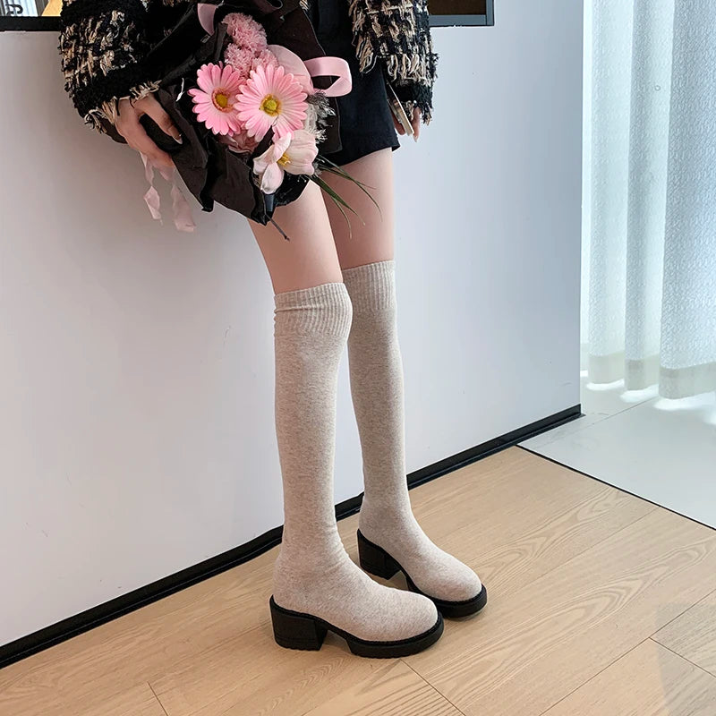 Stretchy Knit Over The Knee Boots Women Plus Size 35-42 Thick Heel Long Boots Woman Comfortable Slip On Slim High Botas Mujer