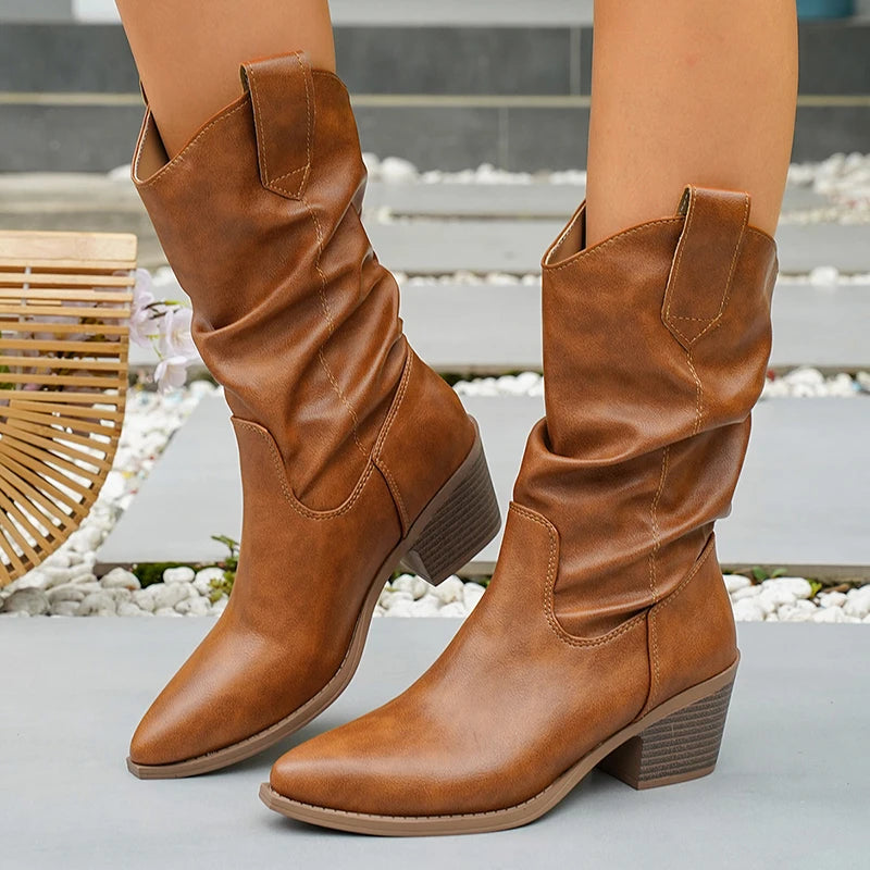 Sexy Pointed Toe Brown Mid Calf Boots Women Plus Size 43 Block Heel Western Cowboy Boots Woman Slip On Pu Leather Riding Booties
