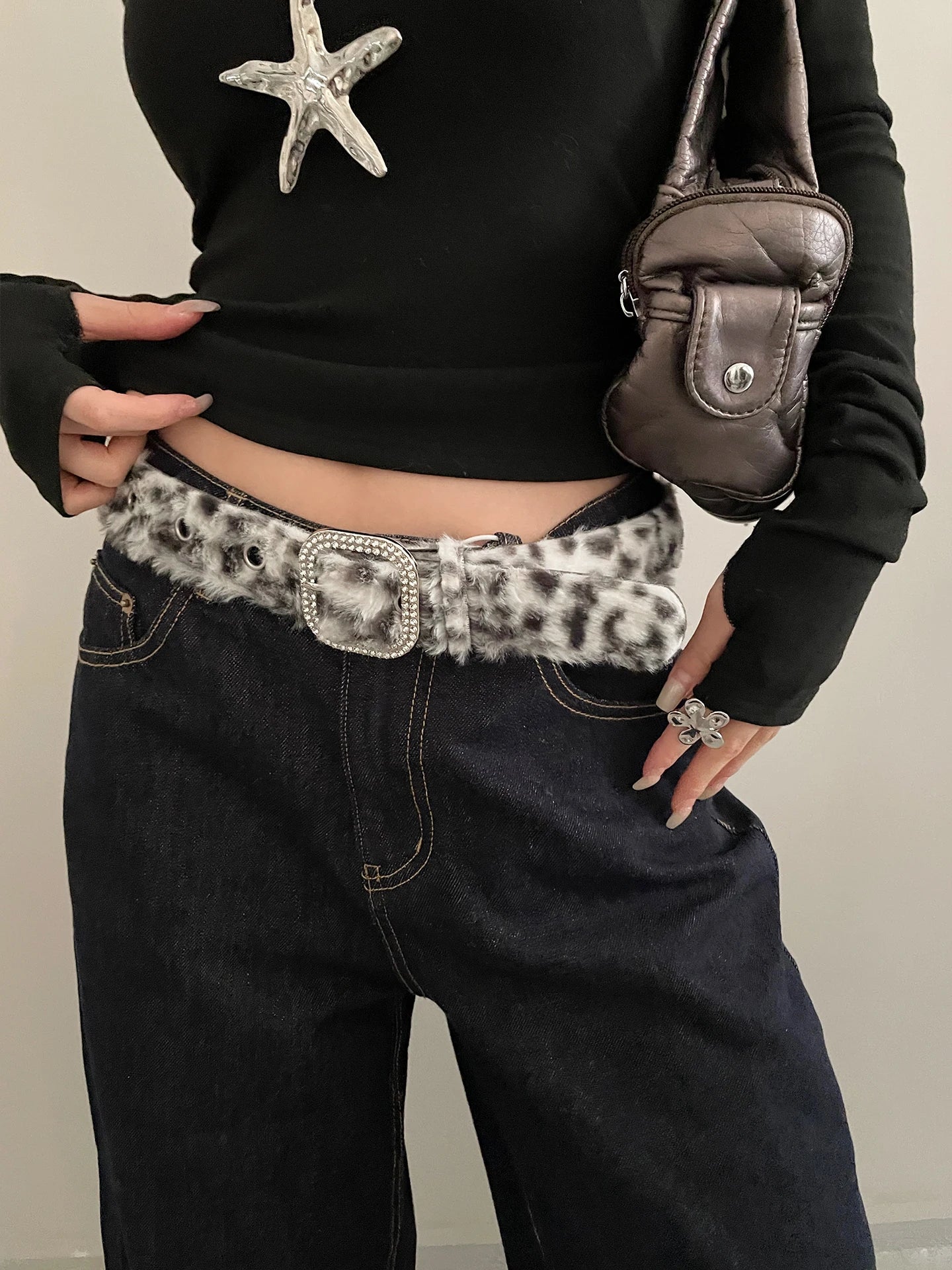 Leopard Print Diamond Studded Faux Fur Belt For Women Versatile Hot Girl Belt With Jeans Belt Decoration