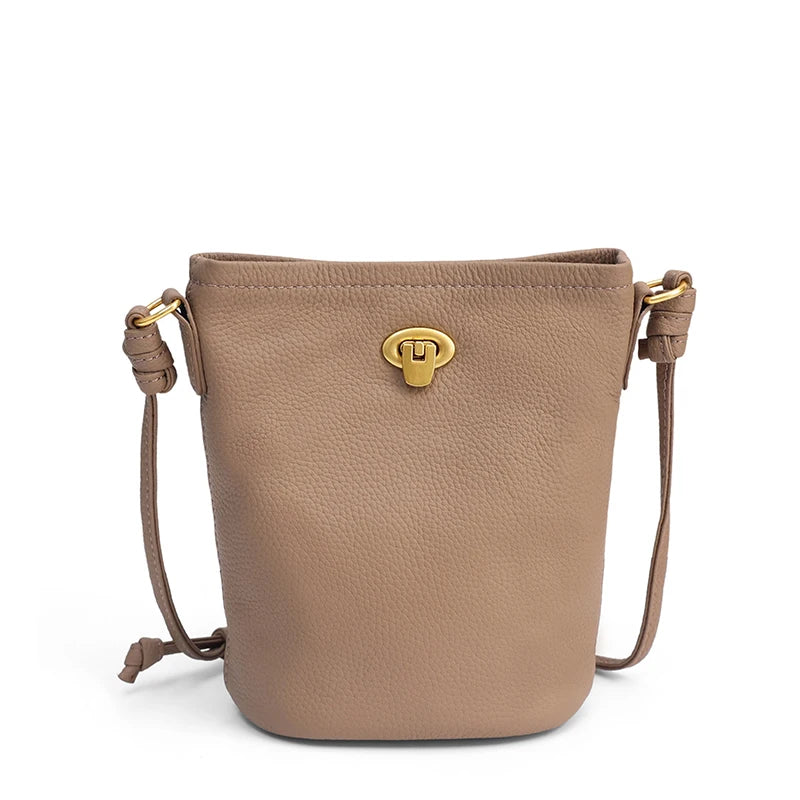 Women's Genuine Leather Mini Crossbody Bag Ladies' Waxed Cowhide Vintage Shoulder Bag Brand Small Chic Cellphone Bucket Bag