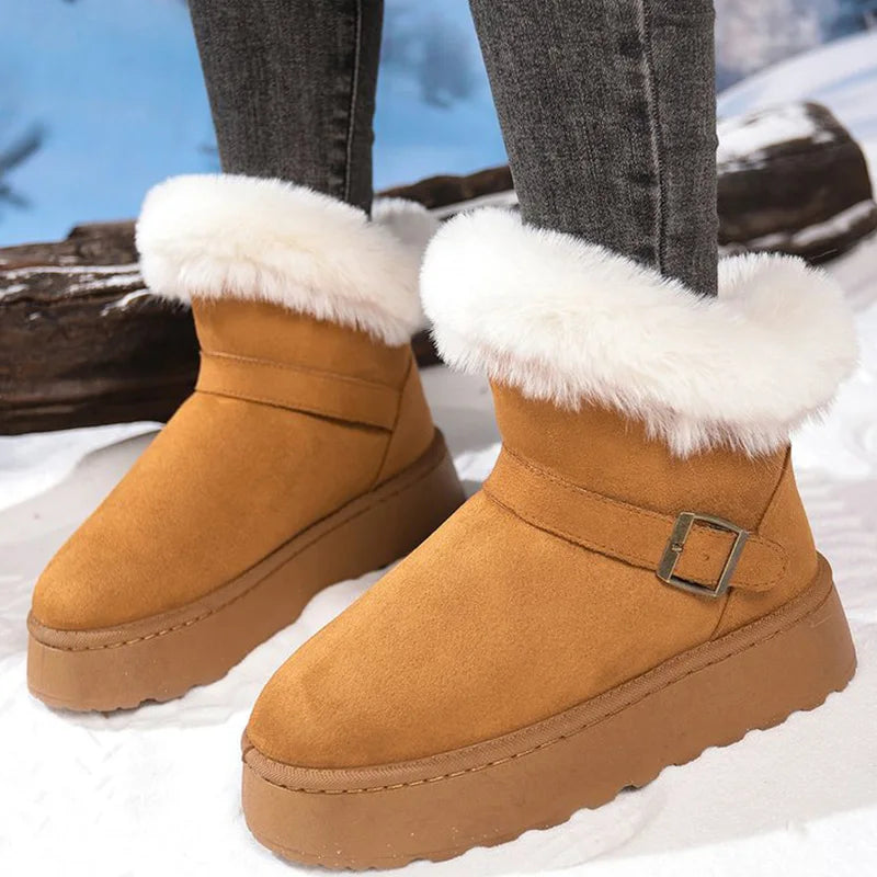 Furry Thick Warm Snow Boots Women Retro Buckle Detor Slip On Snow Boots Woman Winter Yellow Brown Platform Booties Female