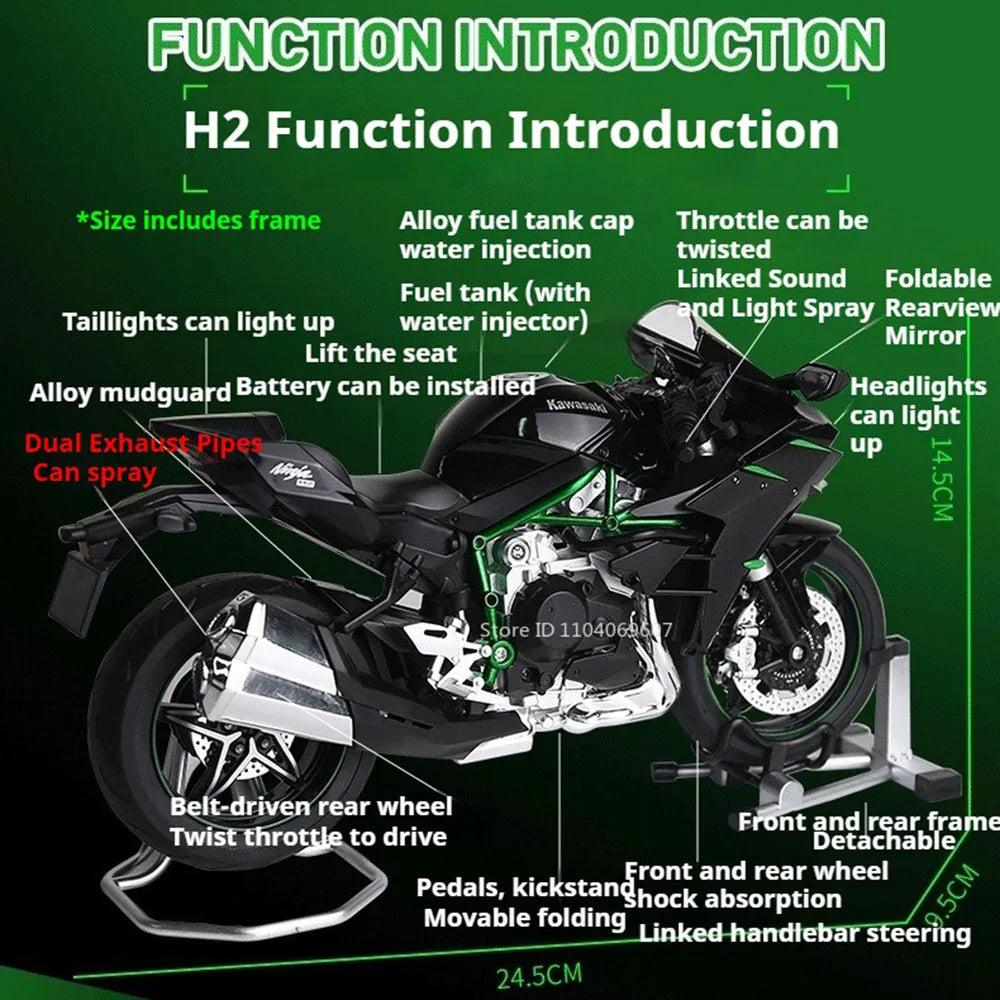 Large 1:9 Kawasaki H2R Alloy Motorcycle Diecast Car Model Toy Front Wheel Steering Shock Absorption Motorbick Adult Gift for Boy