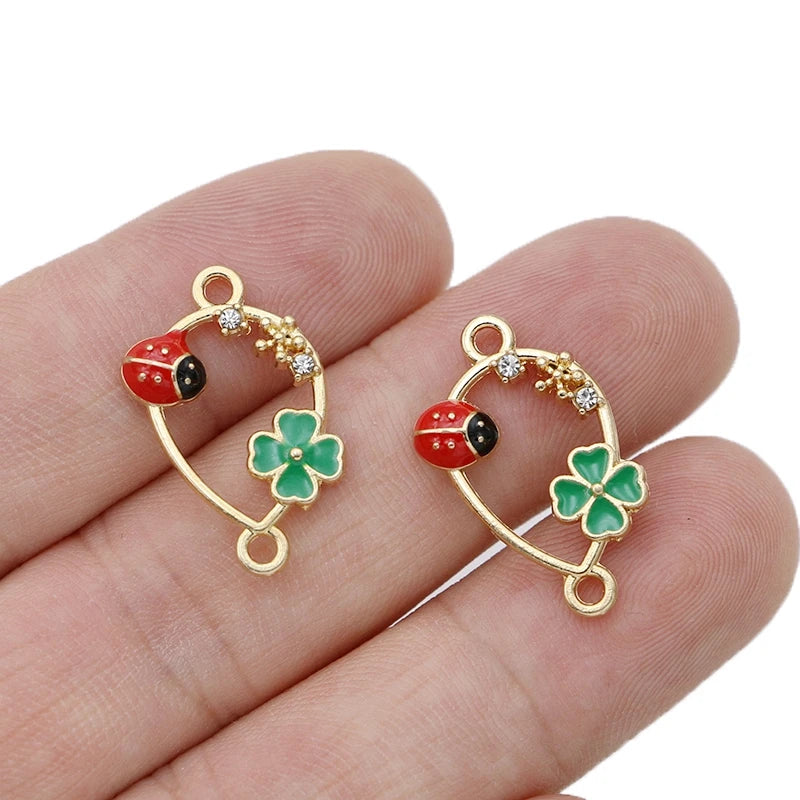 10Pcs Gold Plated Enamel Clover Ladybug Teardrop Charm Connector for Making Bracelet DIY Jewelry Accessories Handmade 24x16mm