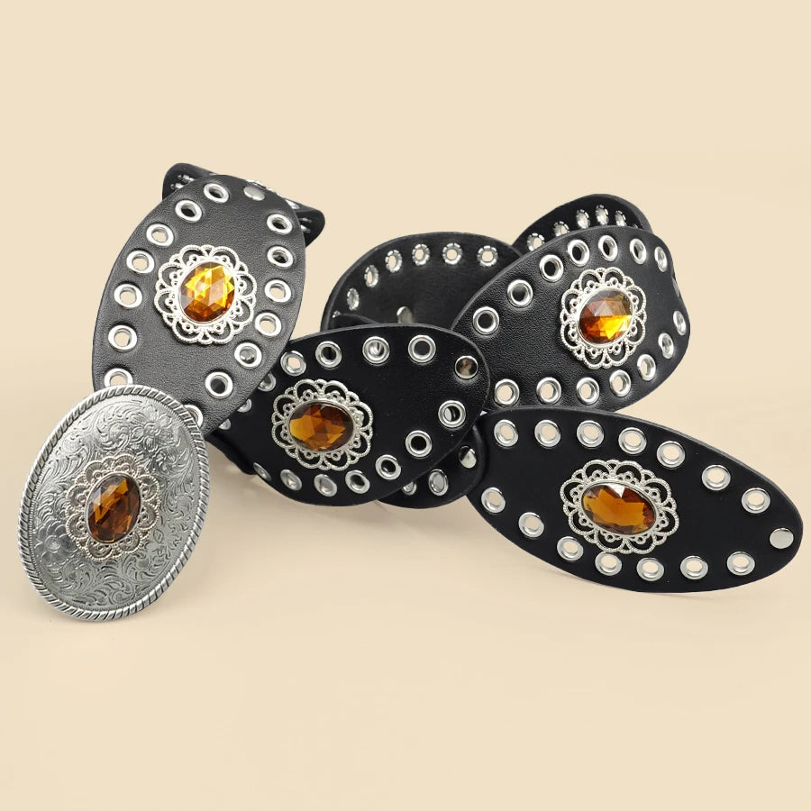 Black Vintage European Style Women's Belt - Rhinestone Inlaid Openwork Carving Design, Wide Fashion Waist Accessory
