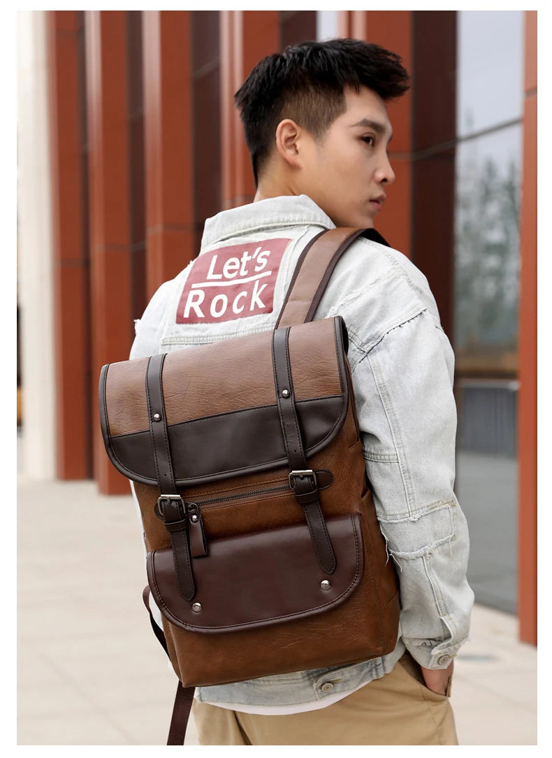 Khaki Vintage Laptop Leather Backpacks School Travel, Casual PU Leather Men Bags