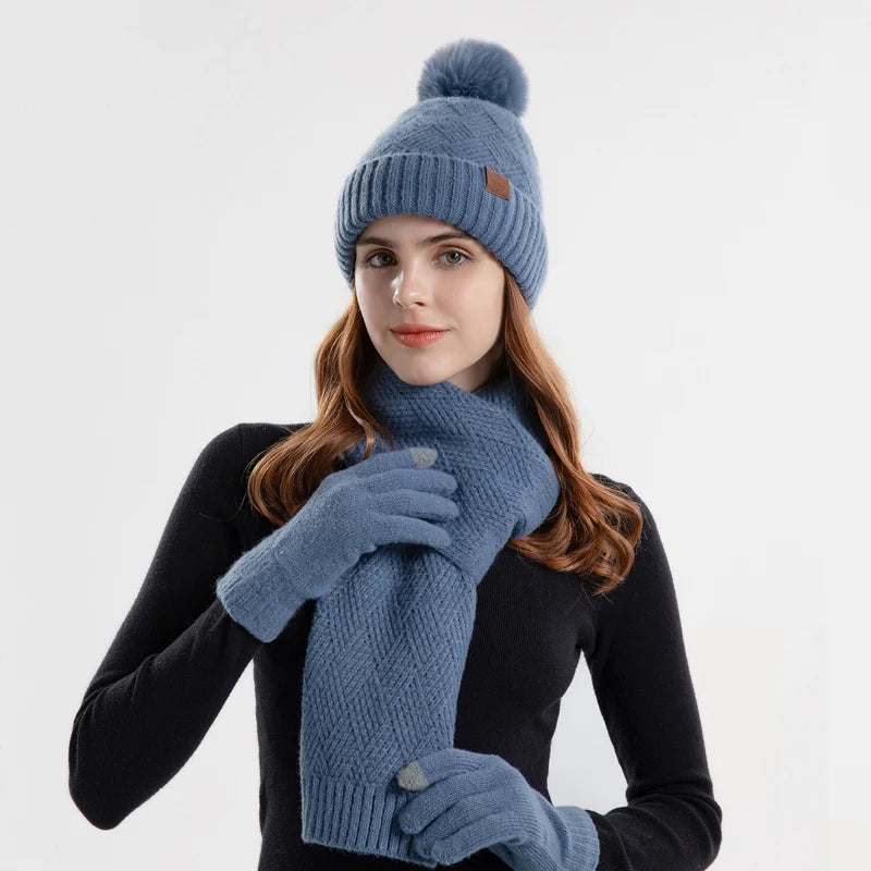Xinbaoguan 100% Acrylic 9988 Winter Korean Edition Fashion Knitted Wool Warm Hat Scarf Glove 3-Piece Set Ear Protection Hoodie