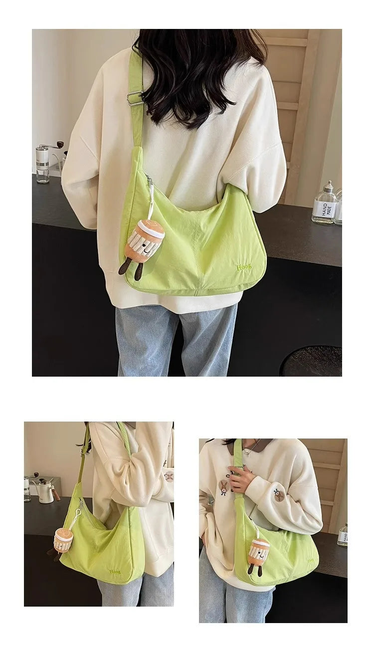Green Women Japan Hobo Embroidery Shoulder Bag Versatile Waterproof Commuter Bag
