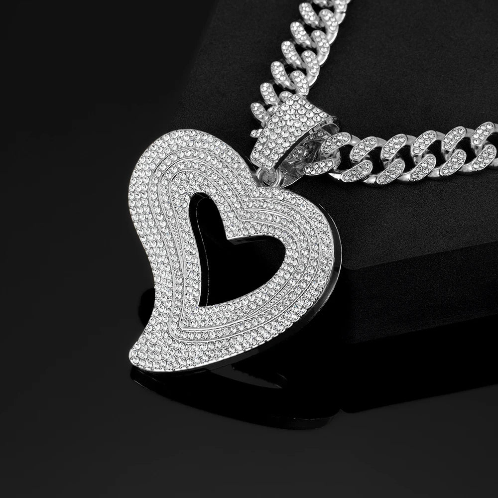 Factory New 13MM Miami Cuban Chain Irregular Love Heart Pendant Necklaces ,Hip-Hop Style Couple For Daily Wear By Men And Women