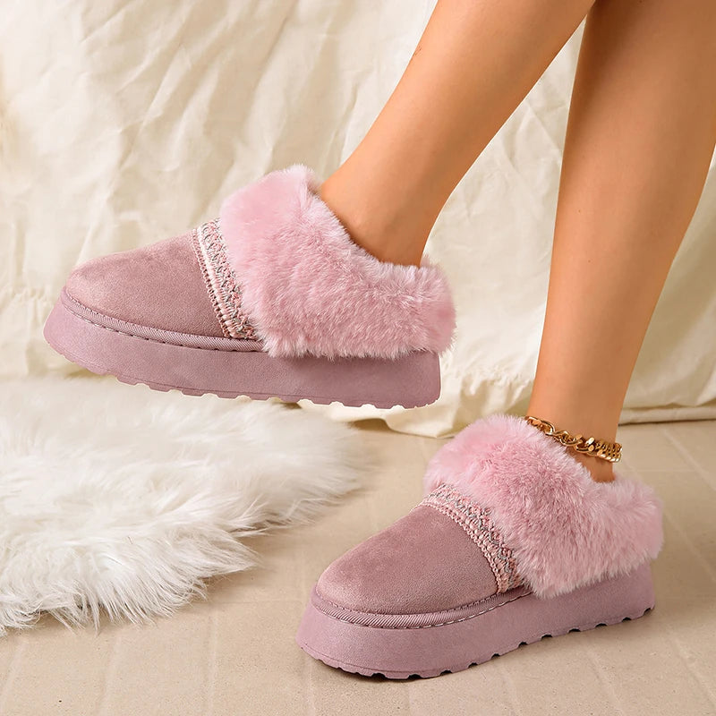 Fluffy Fur Platform Snow Boots Women Plus Size 42 Non Slip Fleece Inside Warm Winter Boots Woman Thick Sole Long Plush Slippers