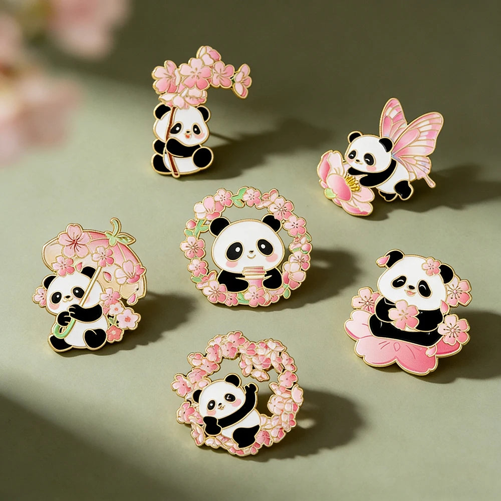 6pcs Cute Cartoon Animal Enamel Brooches - Flower Panda Cherry Blossom & Butterfly Lapel Pins Metal Badges Jewelry Gift Set