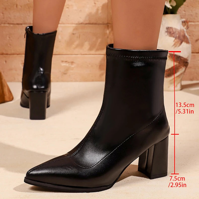 Fashion High Heels Ankle Boots Women Plus Size 43 Pointed Toe Pu Leather Short Booties Mujer Side Zipper Thick Heel Boots Ladies