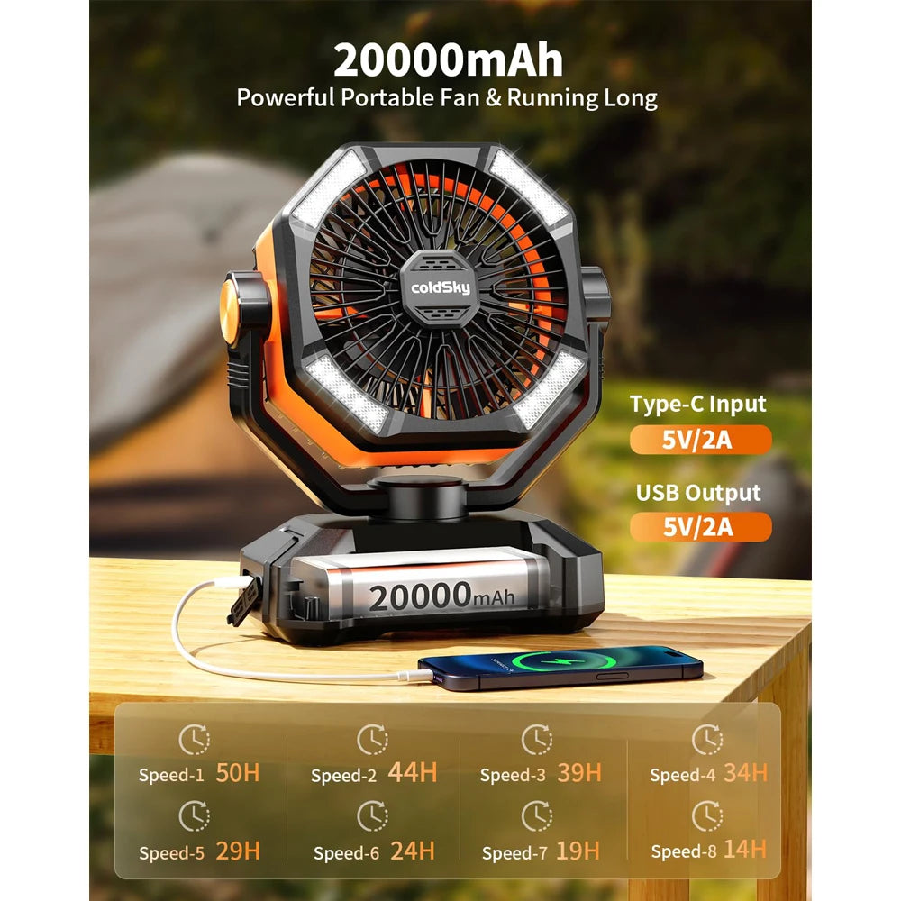 Orange 20000mAh Battery Camping Fan, 4 LED Lantern 8 Speed Desk Fan Portable Fan