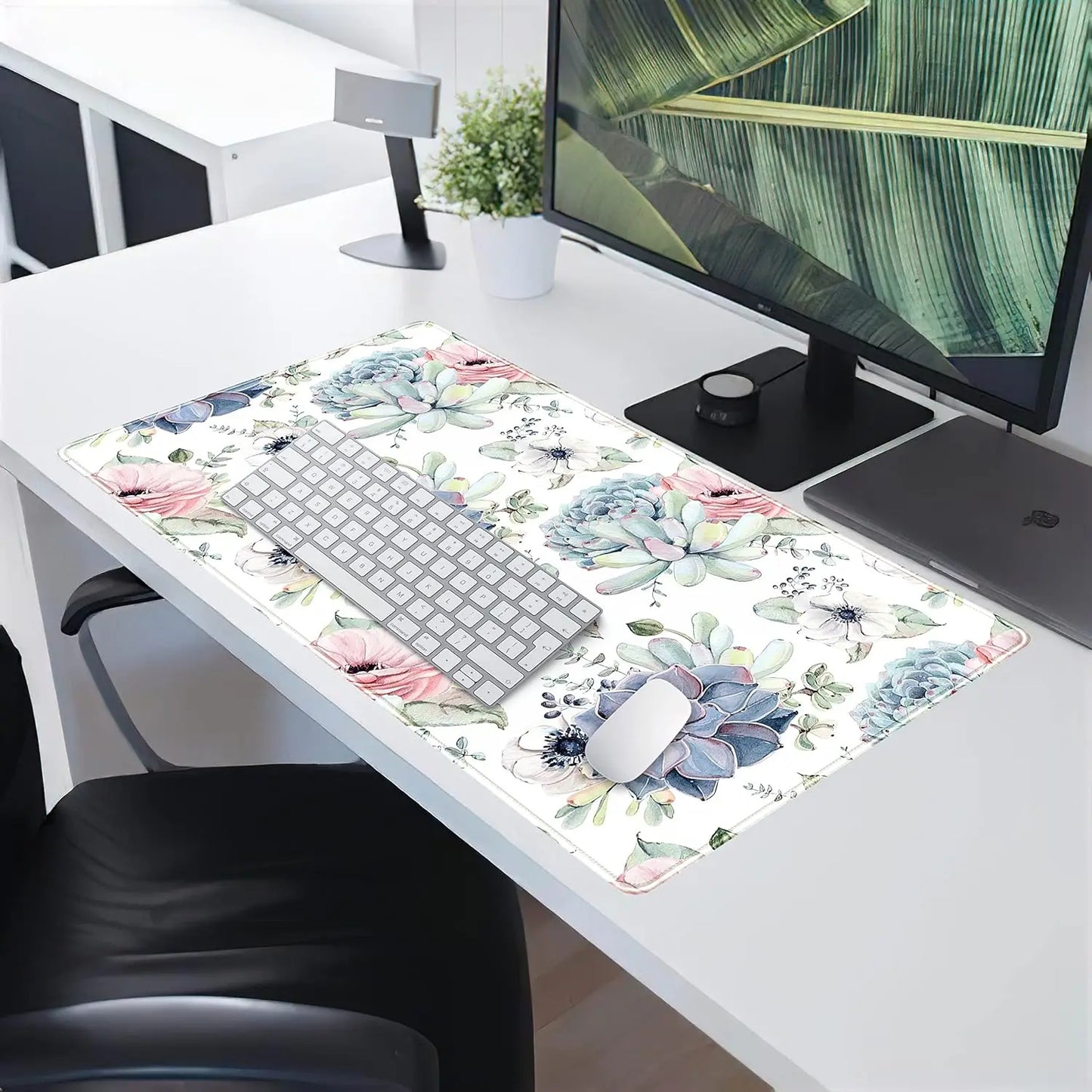 Watercolor Succulents Desk Mat,Gaming Mouse Pad Rubber Base Mousepad with Stitched Edges,Keyboard Mouse Mat for Game/Office/Home