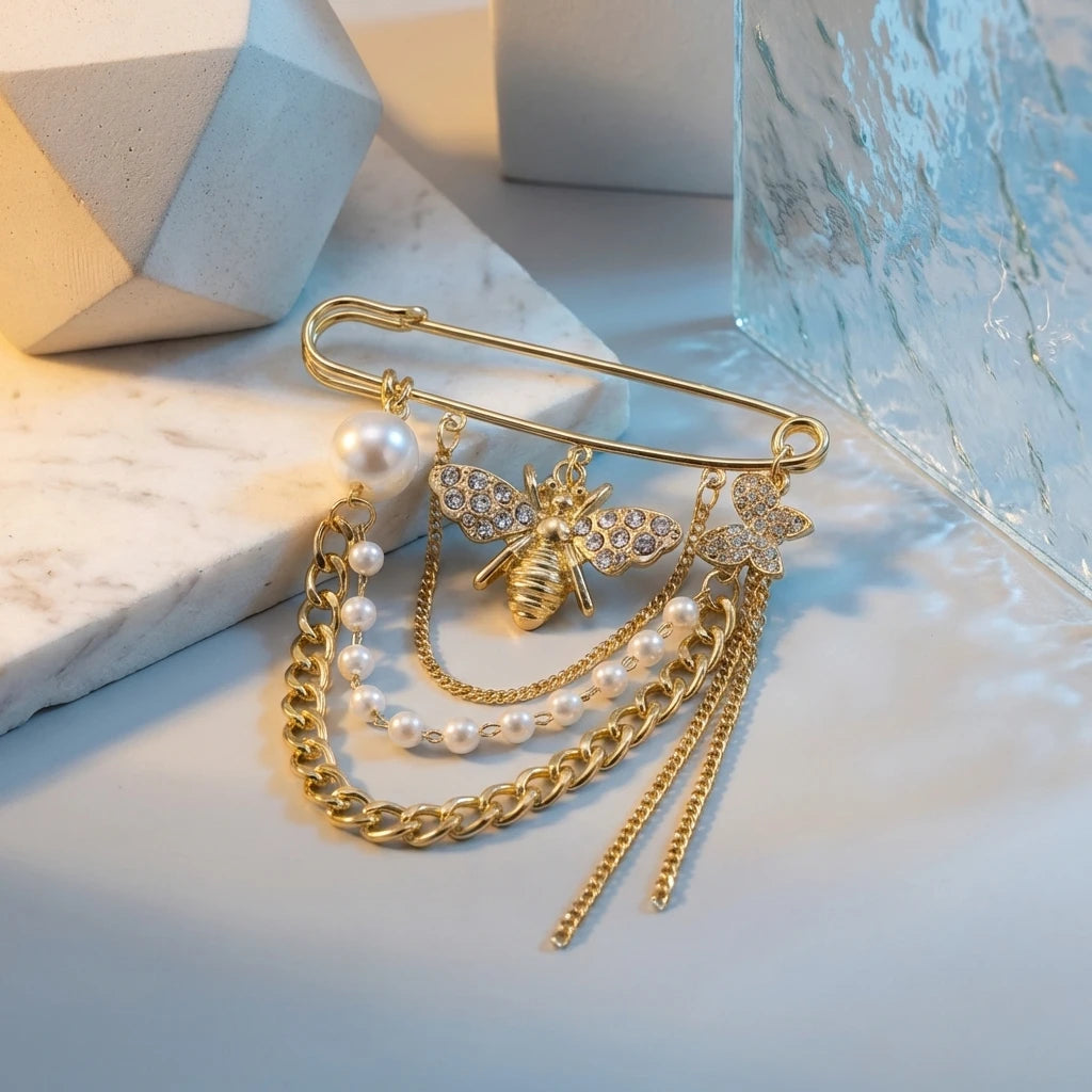 Elegant Bee Butterfly Rhinestone Brooch Multi Layer Chain Tassel Pearl Pin for Women Suit Coat Lapel Jewelry