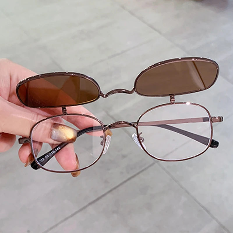 JNPCXI New Ins Popular Fashion Small Metal Square Women Sunglasses Retro Flip Lens Shades Men Outdoor Sun Glasses UV400