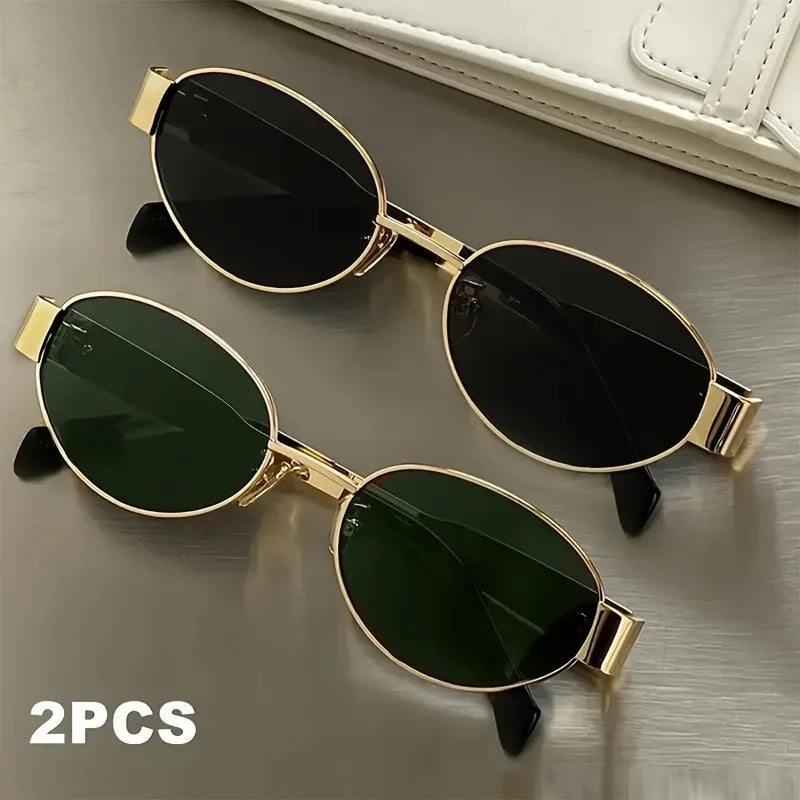 2pcs Summer Women's Fashion Glasses Retro Oval Metal Frame Ins Style Trendy Unisex Glasses Daily Commuting Beach Vacation