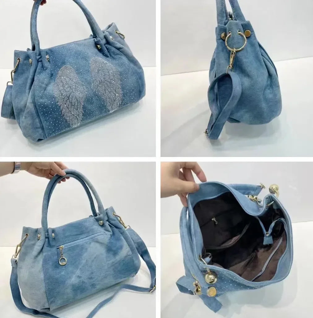 Fashion Denim Women Handbag Crystal Diamond Casual Jeans Tote Bag Shoulder Bag