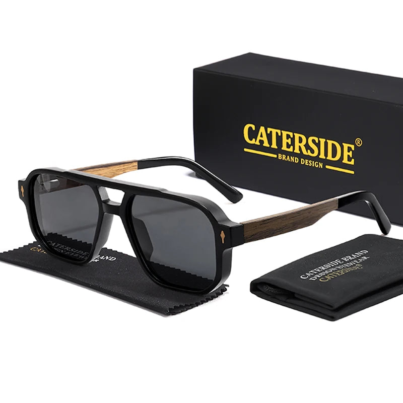 CATERSIDE Men's Polarized Pilot Sunglasses UV400 Premium Tr Frame & Wood Temple Retro Square Sun Glasses for Driving Fishing