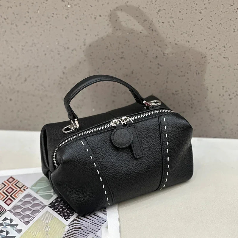 Genuine Cowhide Leather Mini Boston Bag for Women Luxury Designer Pebbled Leather Top Handle Crossbody Bag in Multi Colors