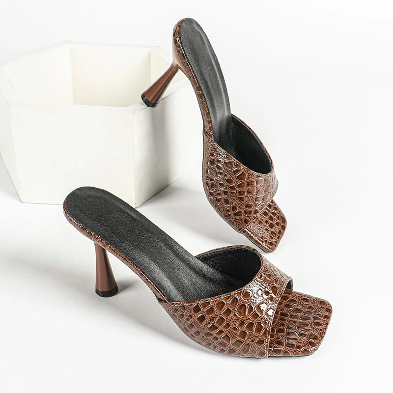 Crocodile Texture High Heel Sandals Women Fashion Square Toe Stilettos Heels Sandals Woman Plus Size Slip On Banquet Party Shoes