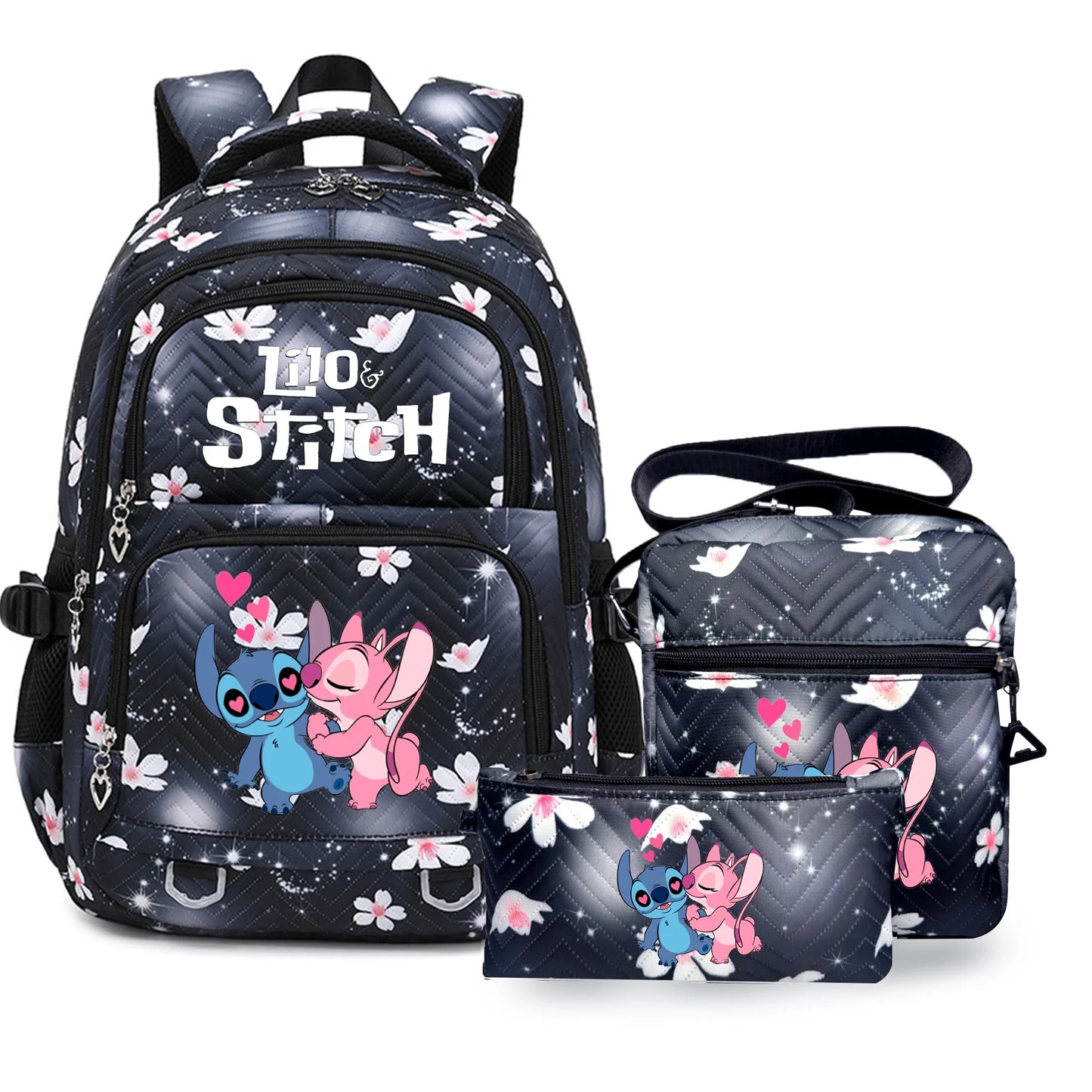 3PC Black Lilo Stitch XL Backpack Lightweight School Student Travel Lunch Bag 08