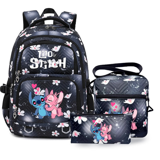 3PC Black Lilo Stitch XL Backpack Lightweight School Student Travel Lunch Bag 08