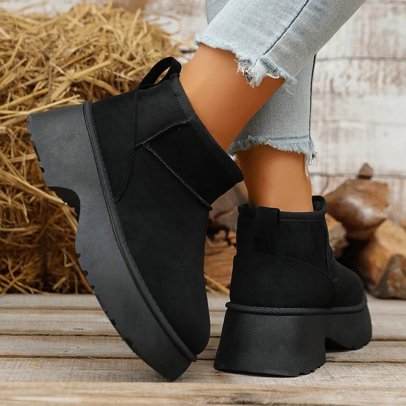 2025 New Faux Suede Thick Heel Snow Boots Women Slip On Warm Plush Winter Boots Woman Comfy Anti Slip Platform Ankle Botas Mujer
