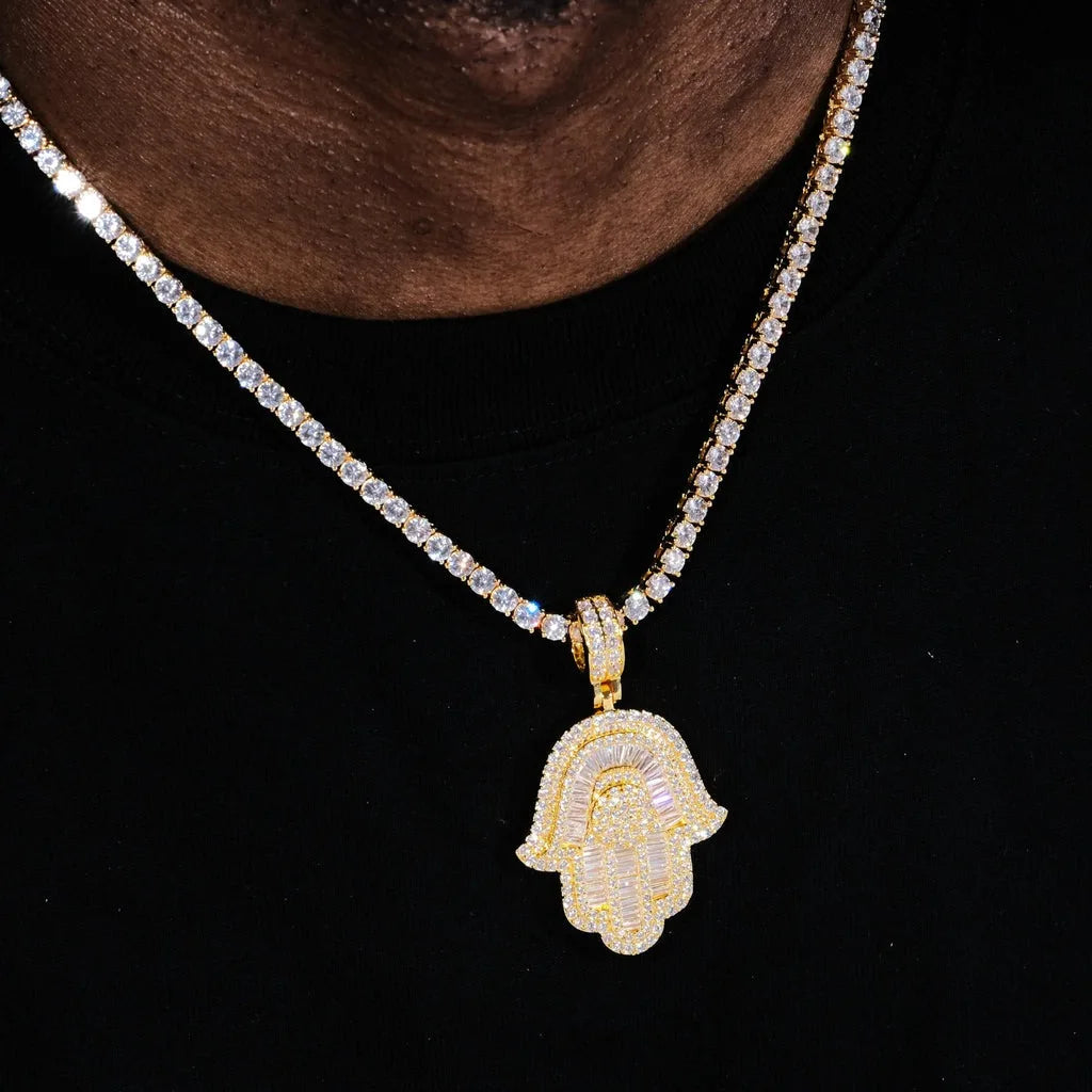 Micro Iced Out Baguette Hamsa Hand Pendant w/ 24" Tennis/Rope Chain Necklaces