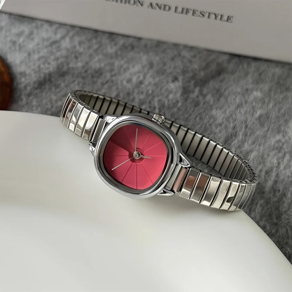 GEDI Small Vintage Watch Woman Square Buckle-Free Stretch Steel Strap Quartz Ladies Watches Luxury Niche Minimalist Watch