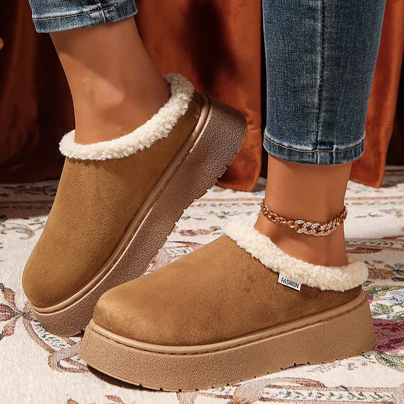 2025 New Faux Suede Fur Slippers Women Winter Slip On Non Slip Thick Sole Snow Boots Woman Warm Thicken Plush Cotton Shoes 36-41