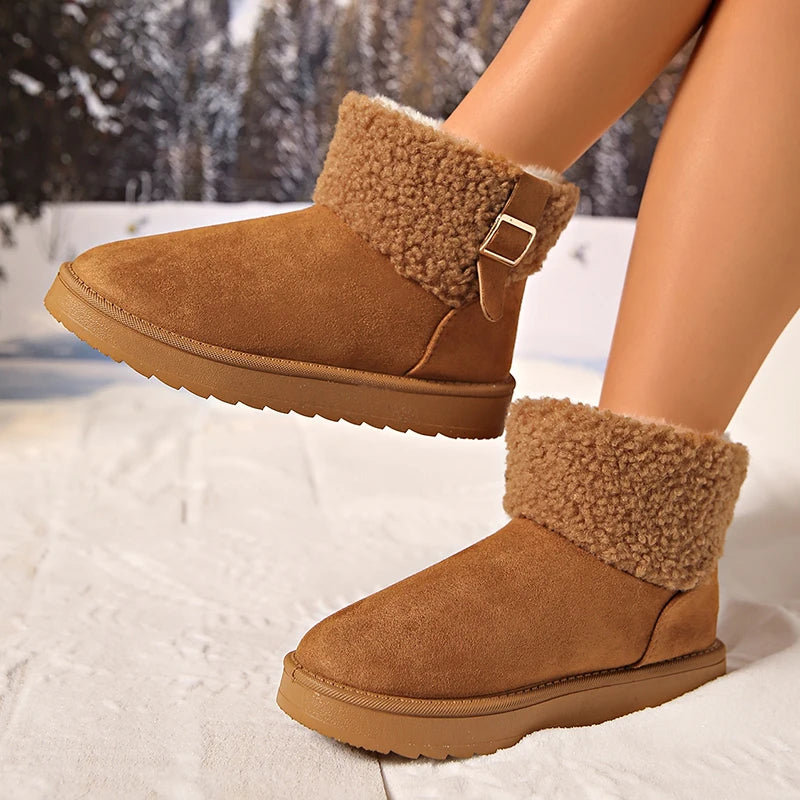 Buckle Decor Women's Platform Snow Boots 2025 Winter Non Slip Warm Plush Ankle Boots Women Comfort Slip On Cotton Shoes Woman