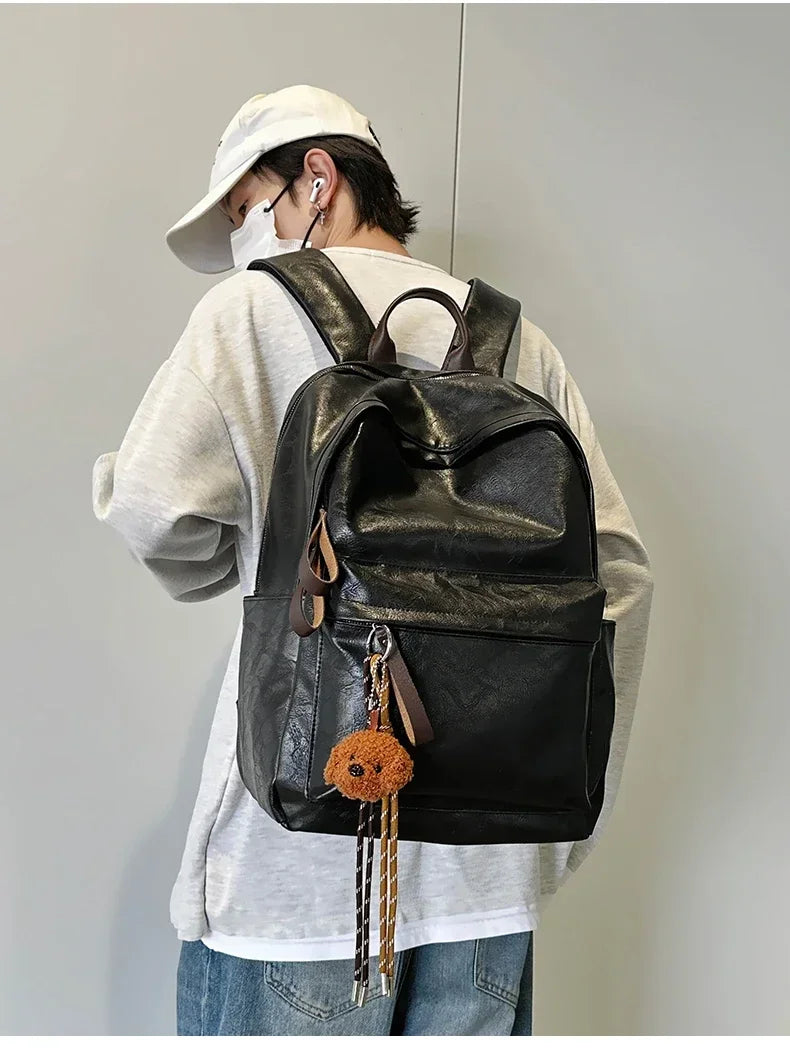 Old Style Laidback Backpack PU Leather Men Bag Laptop Travel Solid Work Bag