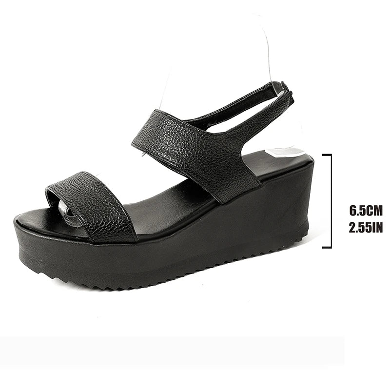 Black Pu Leather Chunky Sandals Women Plus Size 43 Summer Wedge Heels Sandals Woman Casual Slip On Platfrom Sandles Female