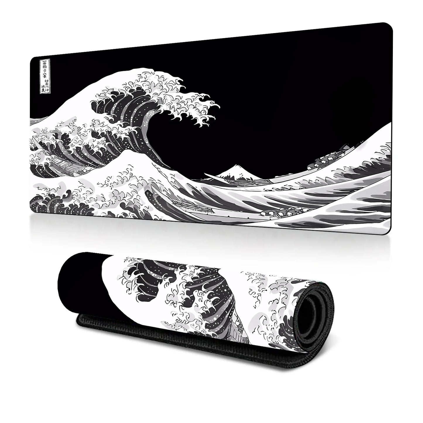 Japanese Sea Wave Large Mouse Pad, Anime Black Gaming, Extended Mat Desk Pad, 3mm Thick Long Non-Slip Rubber Base Mice Pad