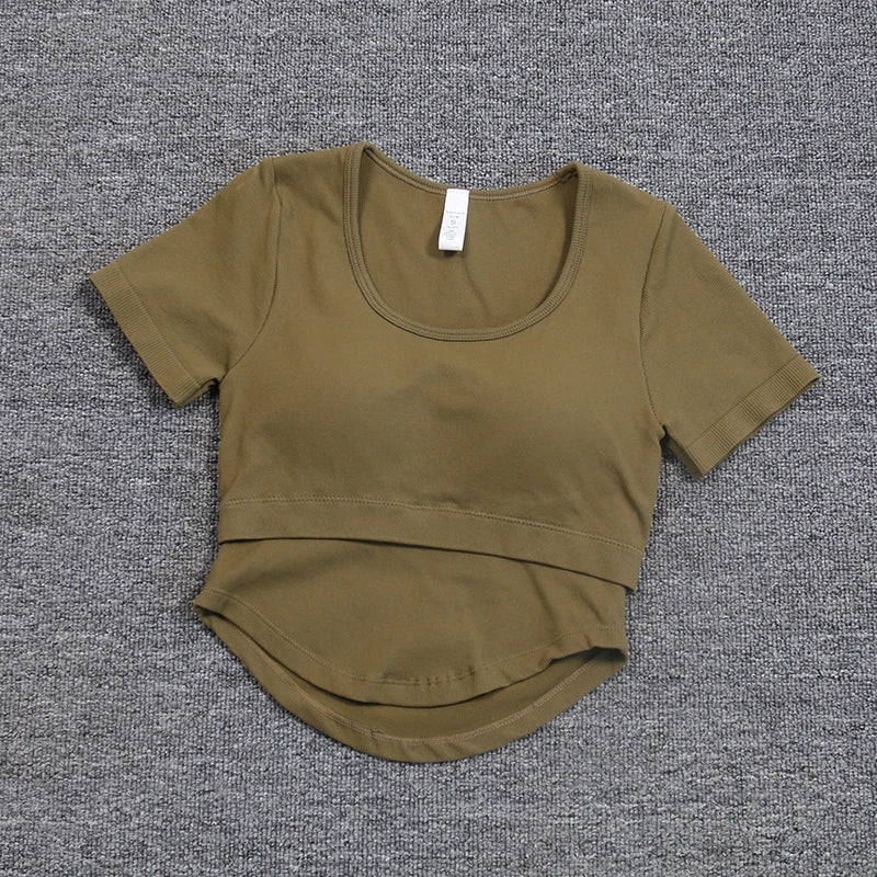 New Fixed Bra Yoga Suit Slimming Sports Top Women's Short Sleeve Breathable Running Fitness Shirt