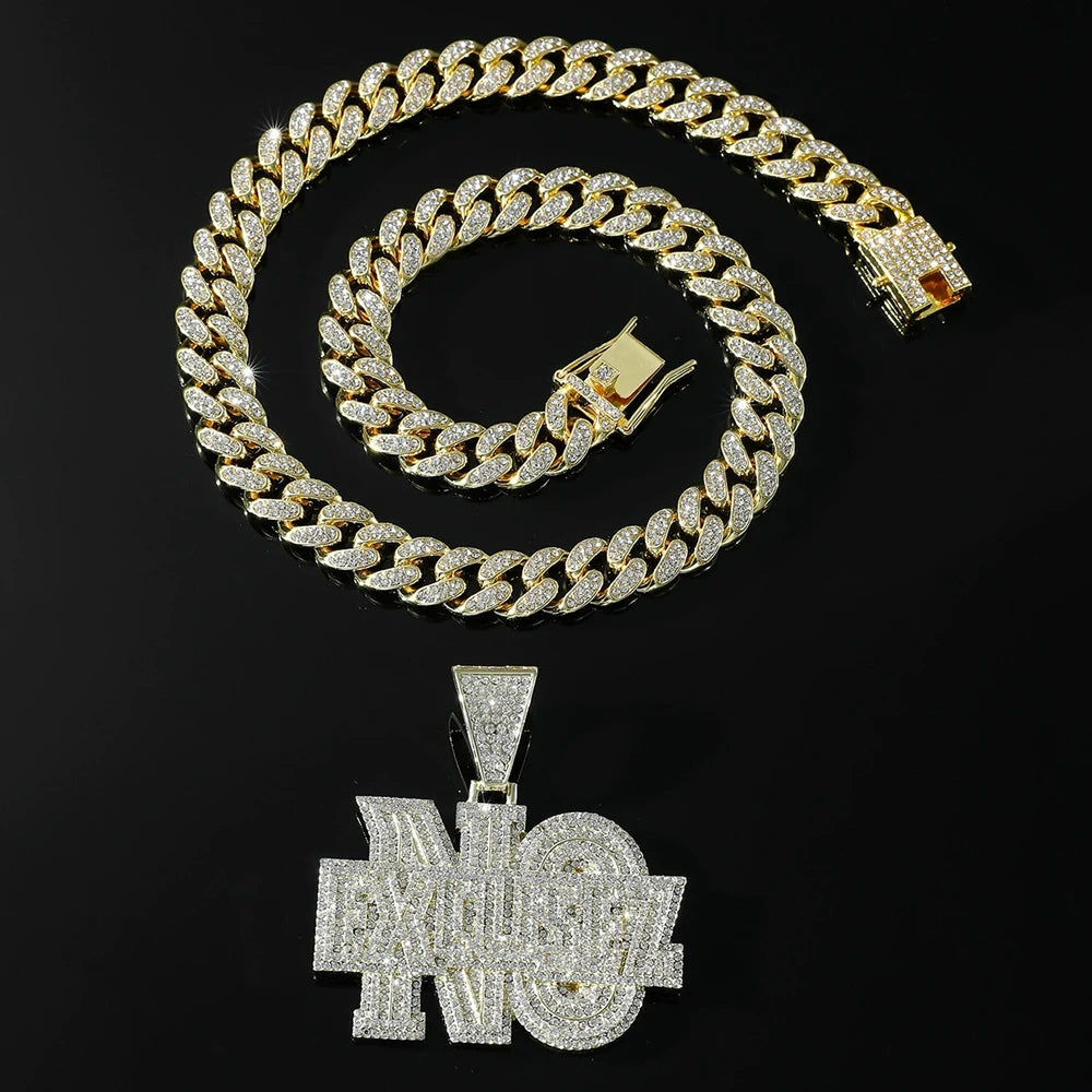 Men Hip Hop Lettes NO EXCUSEZ Pendant Necklace with 13mm Crystal Cuban Link Chain Iced Out Bling Necklaces Fashion Punk Jewelry
