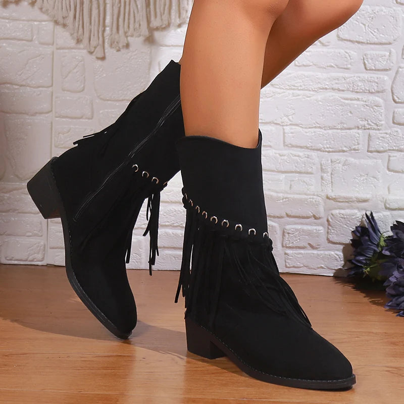 Vintage Tassels Thick Heels Mid Calf Boots Women Autumn Winter Pointed Toe Western Boots Woman Plus Size 43 Zipper Cowboy Botas