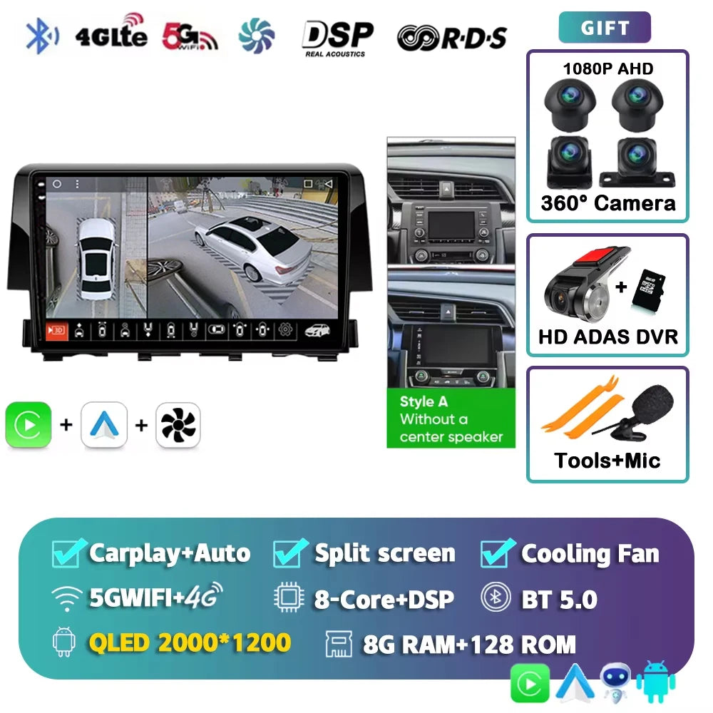 Android 15 Car Radio For Honda Civic 10th 2015 2016 2017 2018 2019 2020 2021 Player Wireless Carplay Android Auto Multimedia 2 D