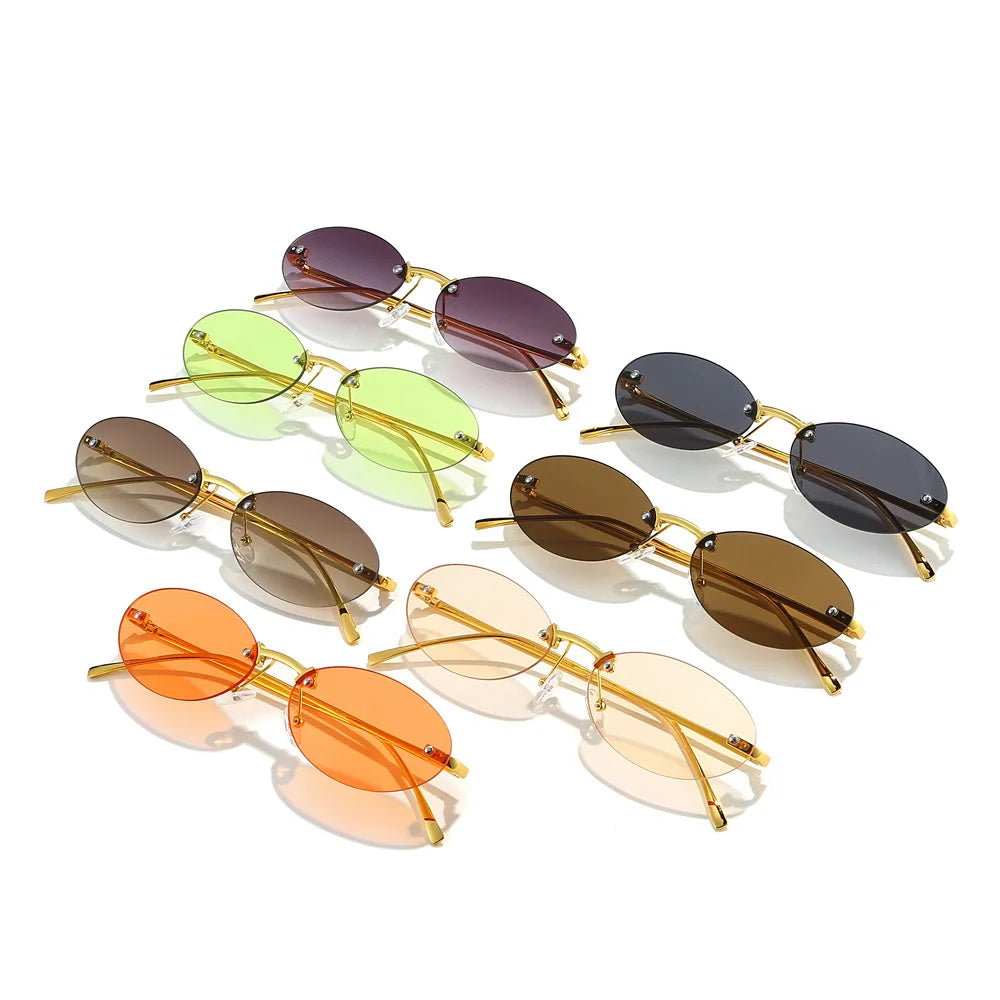 JNPCXI New Retro Rimless Metal Oval Sunglasses Women Fashion Gold Black Candy Color Shades UV400 Men Punk Sun Glasses