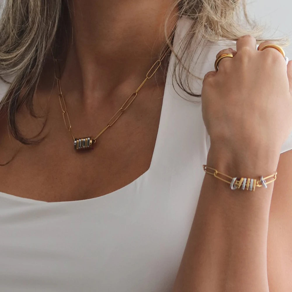 Uworld Minimalist Two Tone Paper Clip Chain Bracelet Geometric Pendant Necklace Jewelry Set Women's Jewelry Gift for Her