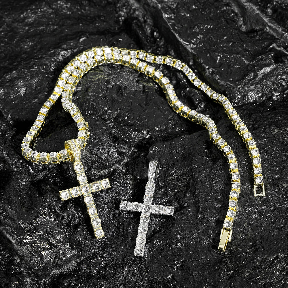 Hip Hop  Iced Out Tennis Chain Cross Necklace Men Women 2Pcs Bling Miami Cuban Chain Necklace Set Iced Out Chain Jewelry Gift