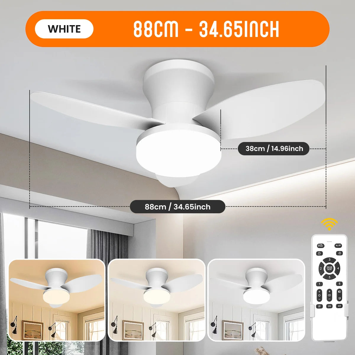 Three Leaf Ceiling Fan with Dimmable Light & Remote Control, 6 Speed, Noiseless