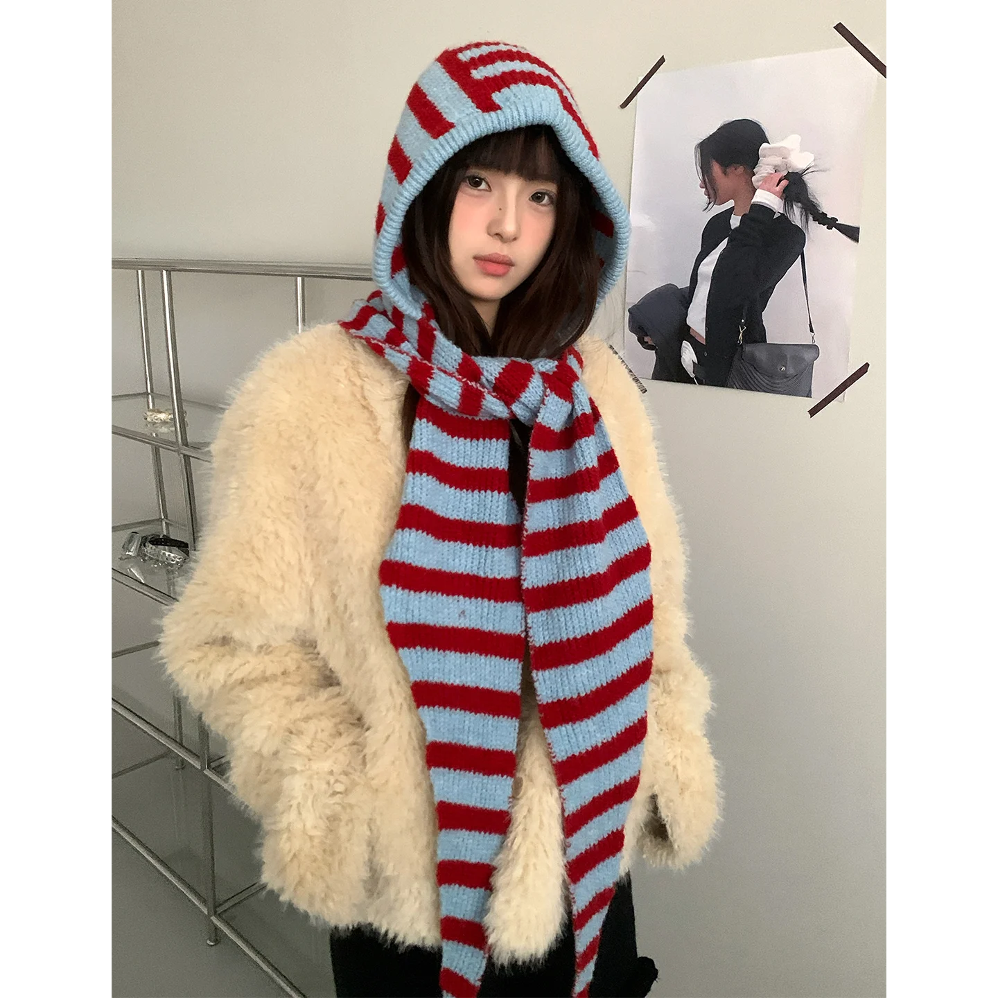 Woolen Korean Style Black And White Striped Knitted Balaclava For Women Winter Warm Ear Protection Hat Scarf One Piece