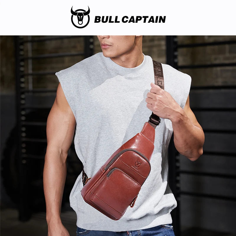 BULLCAPTAIN Men's Genuine Leather Chest Bag Multifunctional 7-inch Mobile Phone Bag Cowhide Casual Retro Shoulder Crossbody Bag