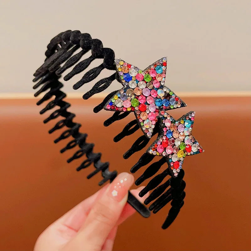 Rhinestone Star Flocking Headband Women's Retro Bangs Arrangement Artifact with Hair Teeth Non-slip Headband Hair Accessories