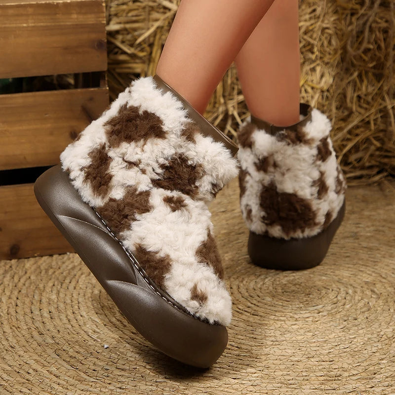 Thick Sole Fluffy Snow Boots Women Vintage Printed Thicken Plush Winter Ankle Boots Woman Non Slip Platform Cotton Padded Shoes