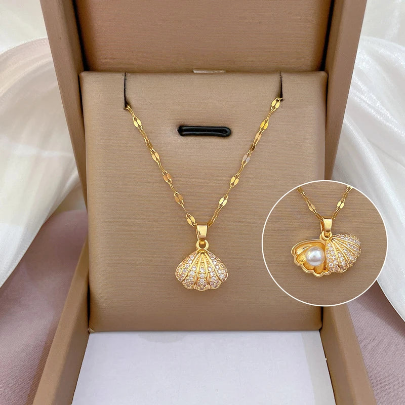 Fashion Shell Starfish Pearl Pendant Necklace for Women Stainless Steel Zircon Heart Clavicle Chain Summer Beach Jewelry Gift