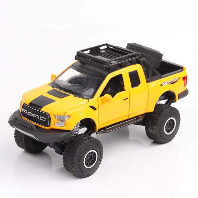 Scale 1/32 Raptor F150 Cars Model Toys Diecast Alloy Pickup Metal Body Rubber Tires with Sound Light Vehicles Toy Gifts for Kids