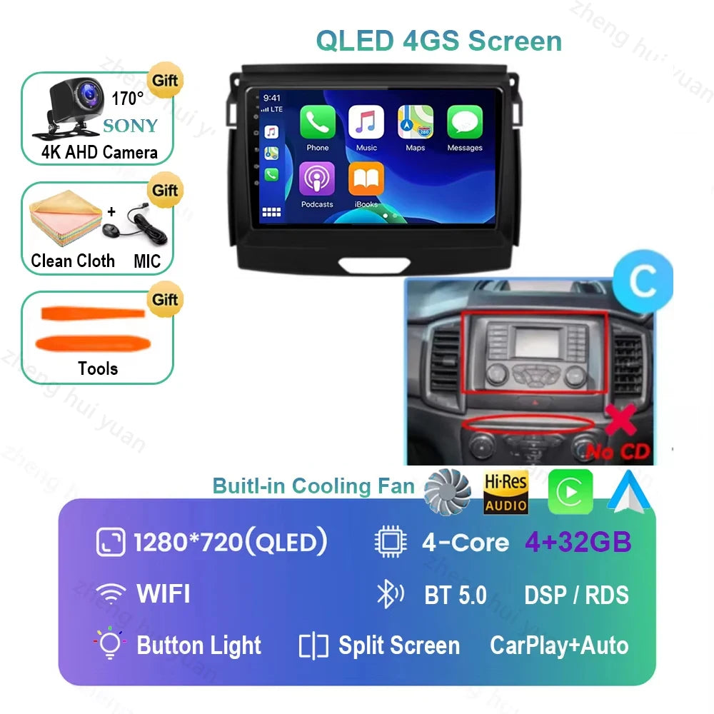 Android 16 CarPlay Auto For Ford Ranger 2015 - 2022 Car Radio Multimedia navigation video DVD Autoradio Stereo 2din 4G